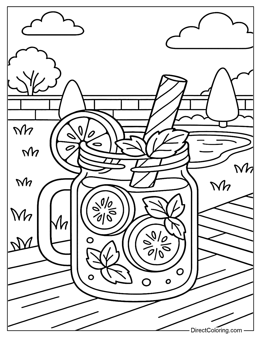 Glass jar coloring page with cucumber slices, mint, outdoor spa background with grass and small pond.